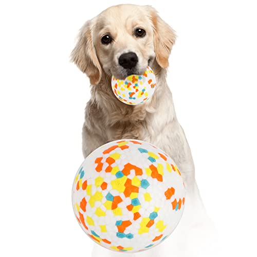 Dog holding colorful durable ball toy in mouth