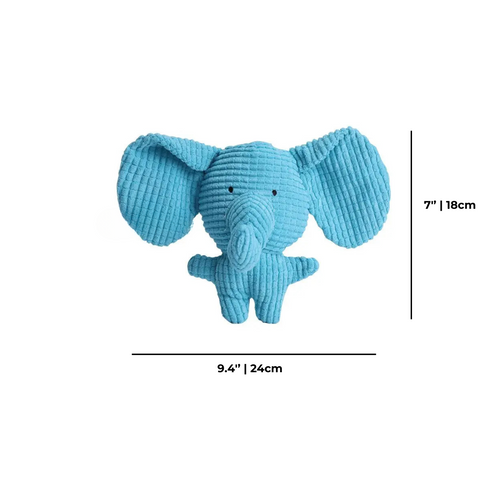 Blue elephant toy with measurements on a white background