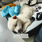 Sleeping dog with a blue plush toy labeled 'Emotional Support Sleeping Companion'.