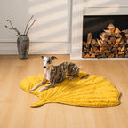 A dog sitting on yellow leaf shape blanket