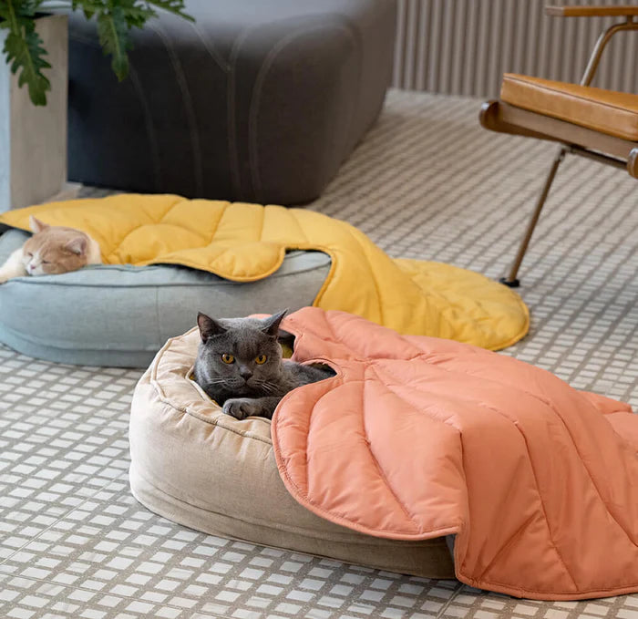 A cat sleeping under yellow leaf-shaped blanket.