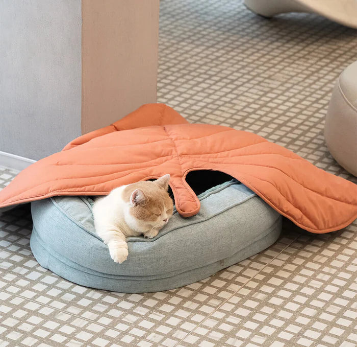A cat sleeping under orange leaf-shaped blanket.