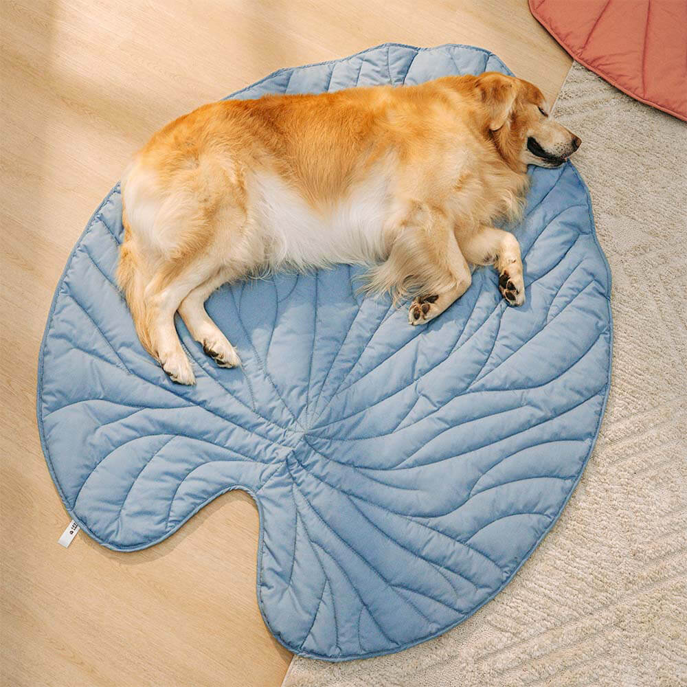 A dog sleeping on blue leaf-shaped dog blanket.