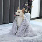 A dog is sitting on a gray fluffy pet blanket, which is draped over the dog's back.