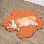 A dog lying on a orange leaf-shaped dog blanket mat.