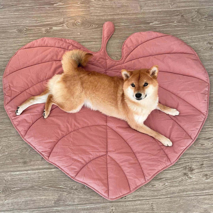 A dog lying on a pink leaf-shaped dog blanket mat on a wooden floor.