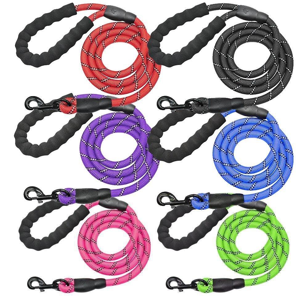 A collection of colorful reflective dog leashes with padded handles and metal clasps.